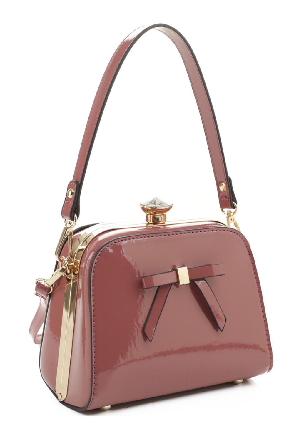 Mauve Jewel-Top Rhinestone Frame Patent Satchel Handbag