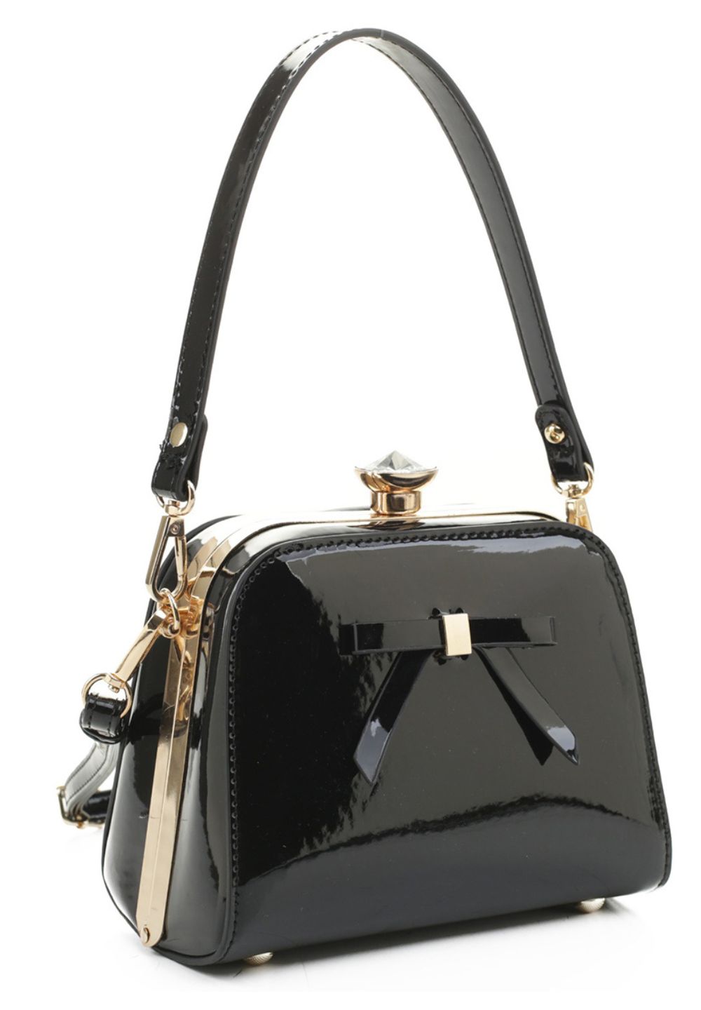Black Jewel-Top Rhinestone Frame Patent Satchel Handbag