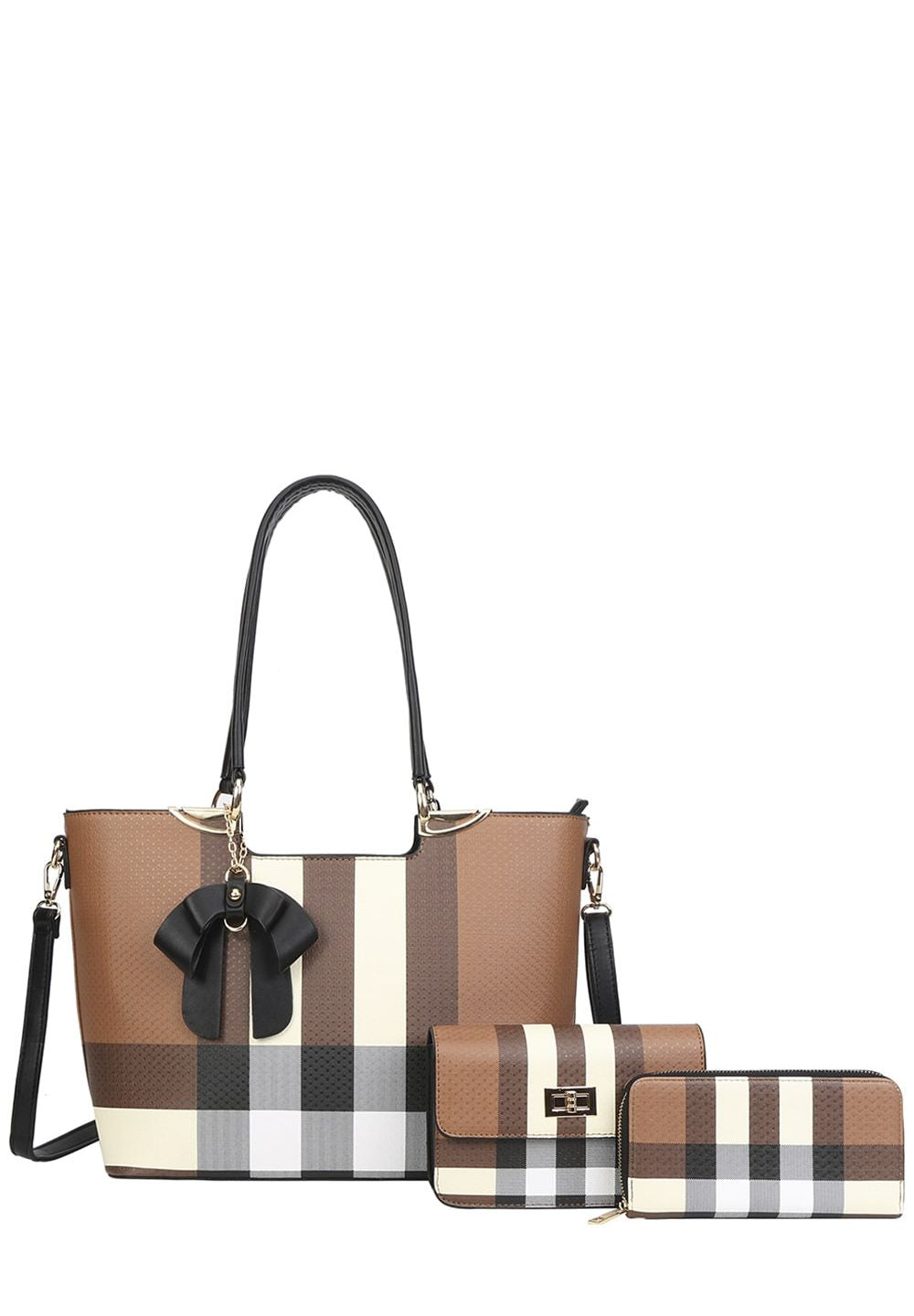 3 in 1 Plaid Tote, Crossbody and Wallet Set
