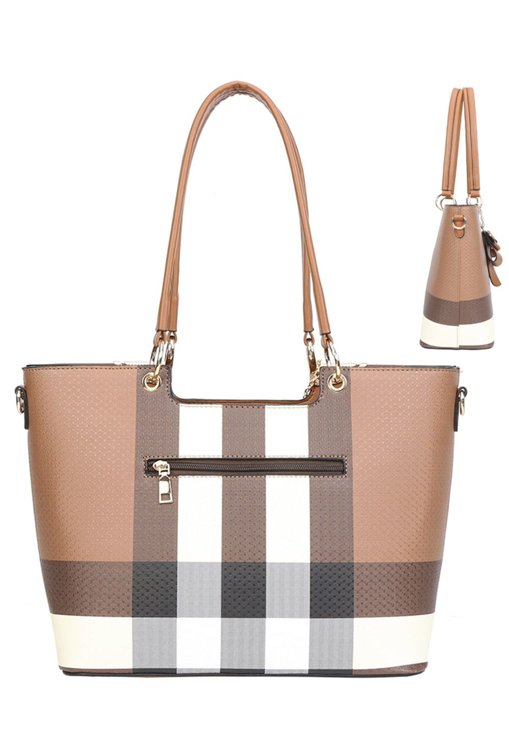 3 in 1 Plaid Tote, Crossbody and Wallet Set White