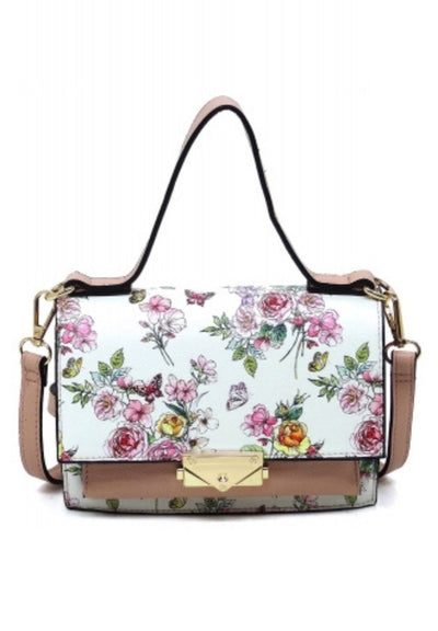 Floral Push Lock Flap Crossbody Handbag