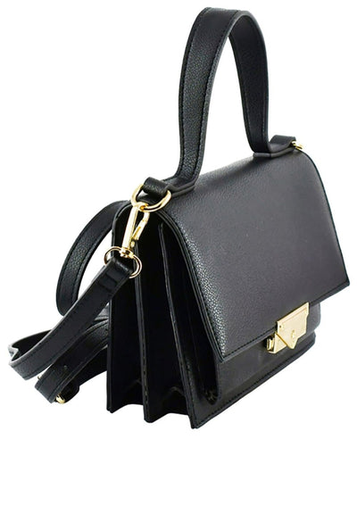 Black Push Lock Flap Crossbody Handbag