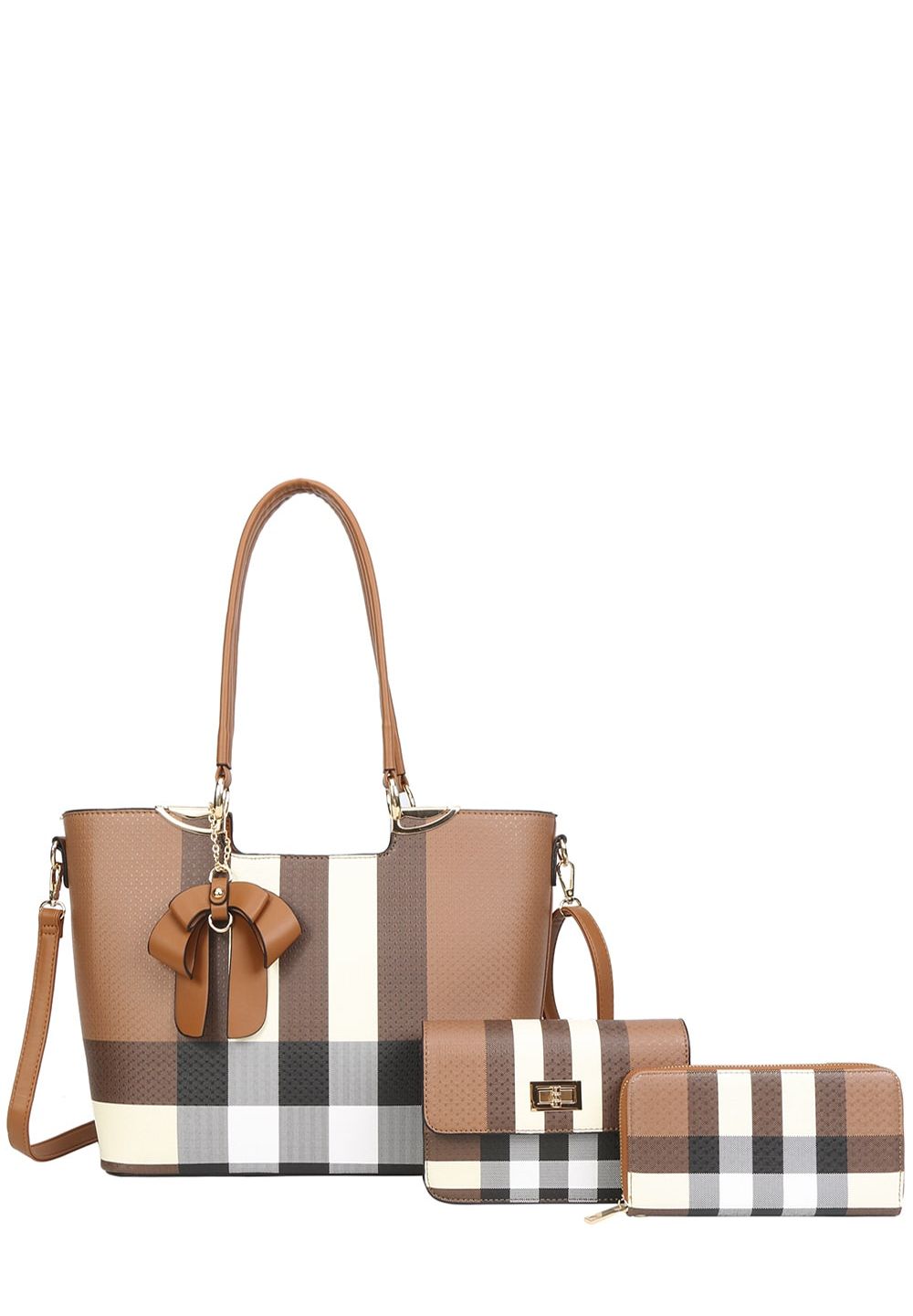 3 in 1 Plaid Tote, Crossbody and Wallet Set